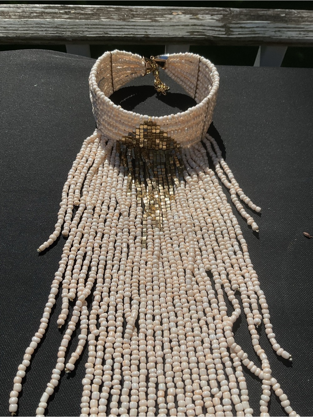 Beaded Fringe Statement Choker Necklace - Cream & Gold 17.5” long - Picture 2 of 7